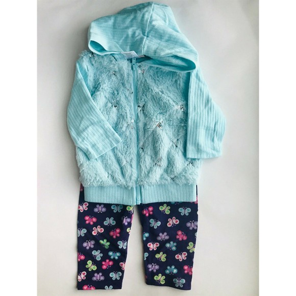 Baby Girl's Size 9M 6-9 Months 3 Pc SeaGreen Furry Jacket, Top & Butterfly Pants - Picture 2 of 8